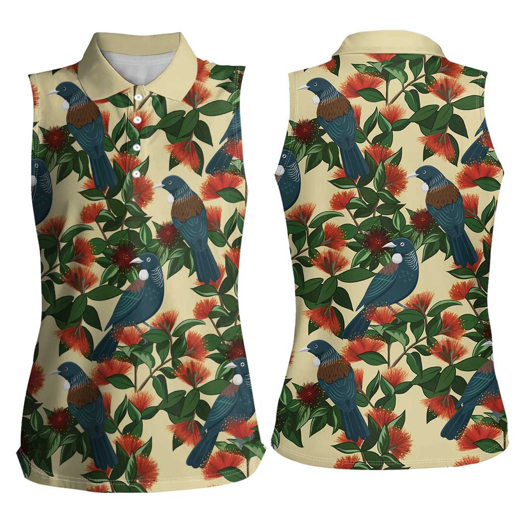 New Zealand Christmas Women Sleeveless Polo Shirt Romantic Tui Birds on Pohutukawa - Ivory LT7 - Polynesian Pride