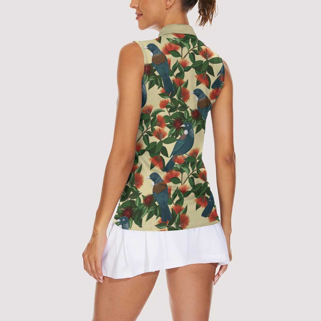 New Zealand Christmas Women Sleeveless Polo Shirt Romantic Tui Birds on Pohutukawa - Ivory LT7 - Polynesian Pride