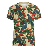 New Zealand Christmas Women V-Neck T-Shirt Romantic Tui Birds on Pohutukawa - Ivory LT7 Female Ivory - Polynesian Pride