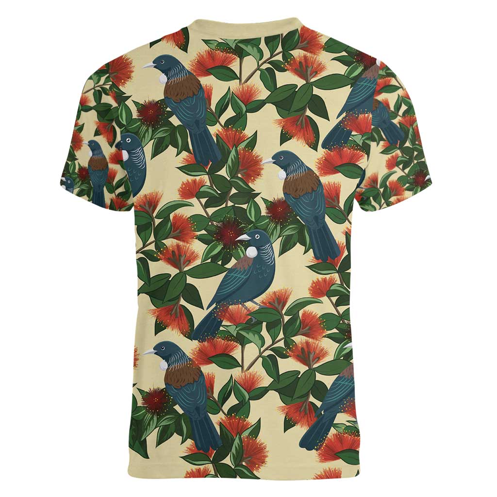 New Zealand Christmas Women V-Neck T-Shirt Romantic Tui Birds on Pohutukawa - Ivory LT7 - Polynesian Pride
