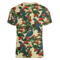 New Zealand Christmas Women V-Neck T-Shirt Romantic Tui Birds on Pohutukawa - Ivory LT7 - Polynesian Pride