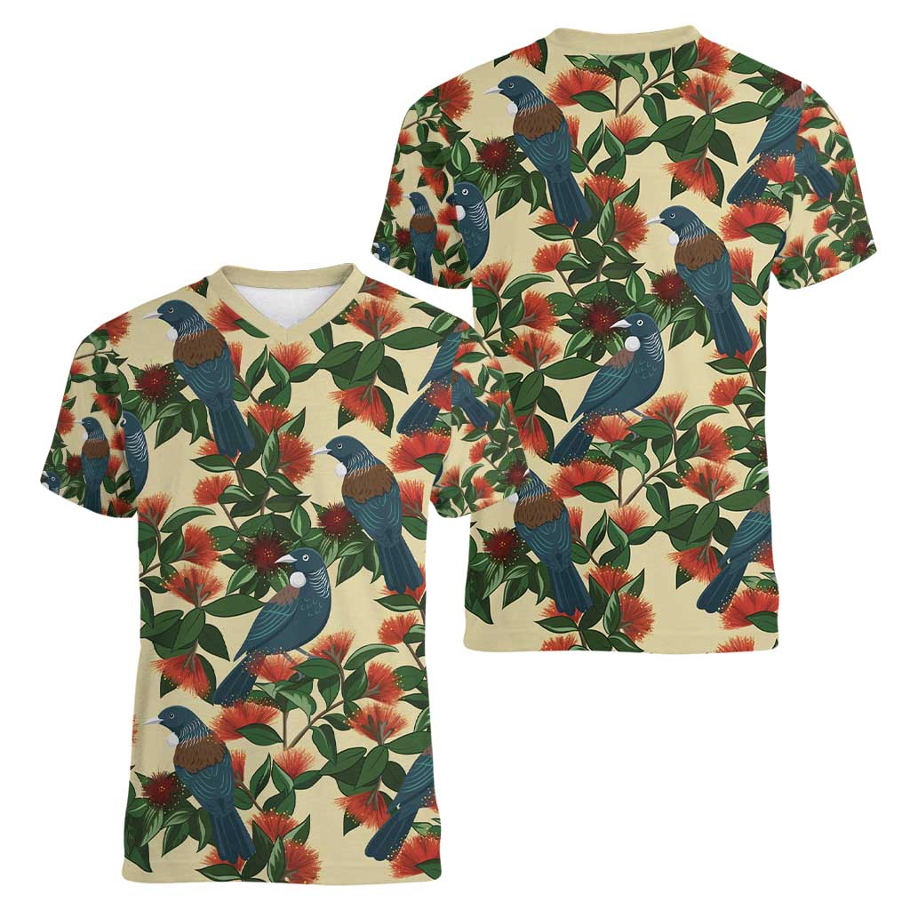 New Zealand Christmas Women V-Neck T-Shirt Romantic Tui Birds on Pohutukawa - Ivory LT7 - Polynesian Pride