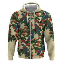 New Zealand Christmas Zip Hoodie Romantic Tui Birds on Pohutukawa - Ivory LT7 Zip Hoodie Ivory - Polynesian Pride