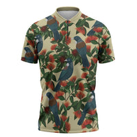 New Zealand Christmas Zipper Polo Shirt Romantic Tui Birds on Pohutukawa - Ivory LT7 Ivory - Polynesian Pride