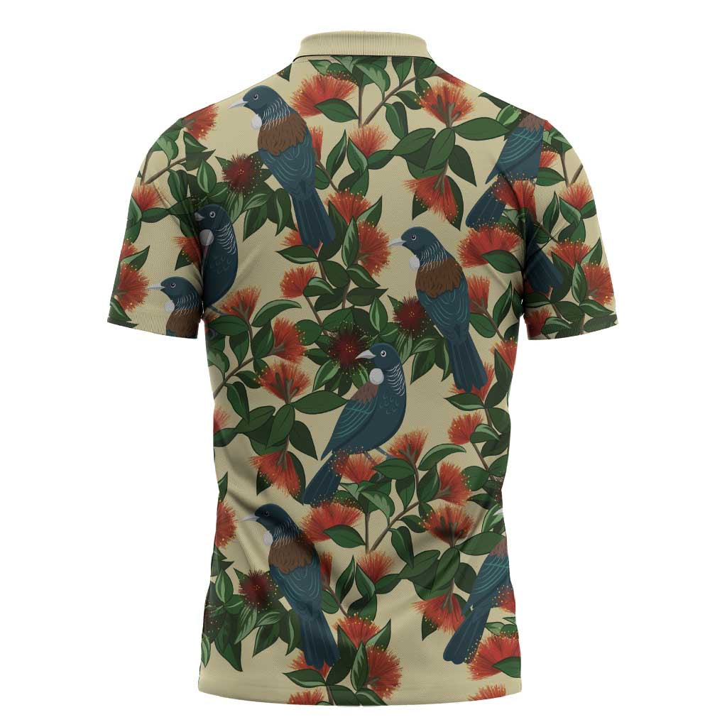 New Zealand Christmas Zipper Polo Shirt Romantic Tui Birds on Pohutukawa - Ivory LT7 - Polynesian Pride