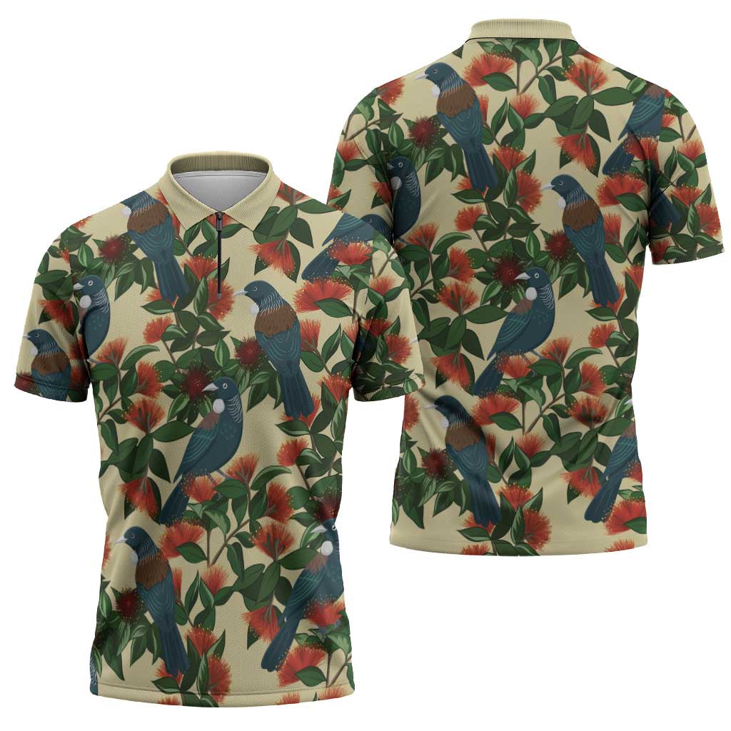 New Zealand Christmas Zipper Polo Shirt Romantic Tui Birds on Pohutukawa - Ivory LT7 - Polynesian Pride