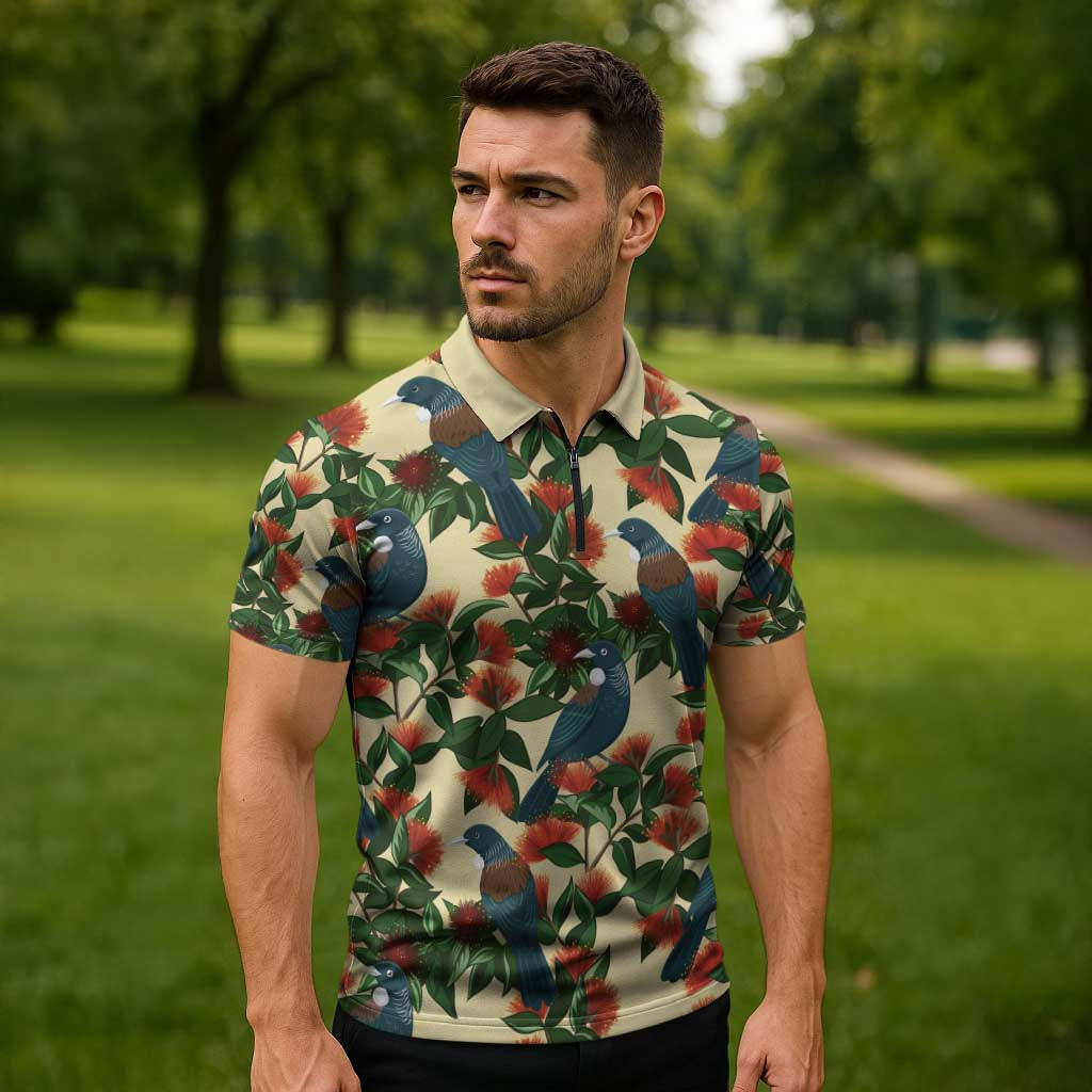 New Zealand Christmas Zipper Polo Shirt Romantic Tui Birds on Pohutukawa - Ivory LT7 - Polynesian Pride