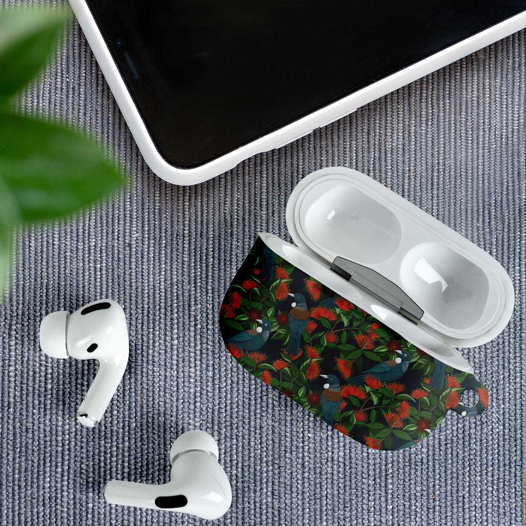 New Zealand Christmas AirPods Case Romantic Tui Birds on Pohutukawa - Cobalt LT7 - Polynesian Pride