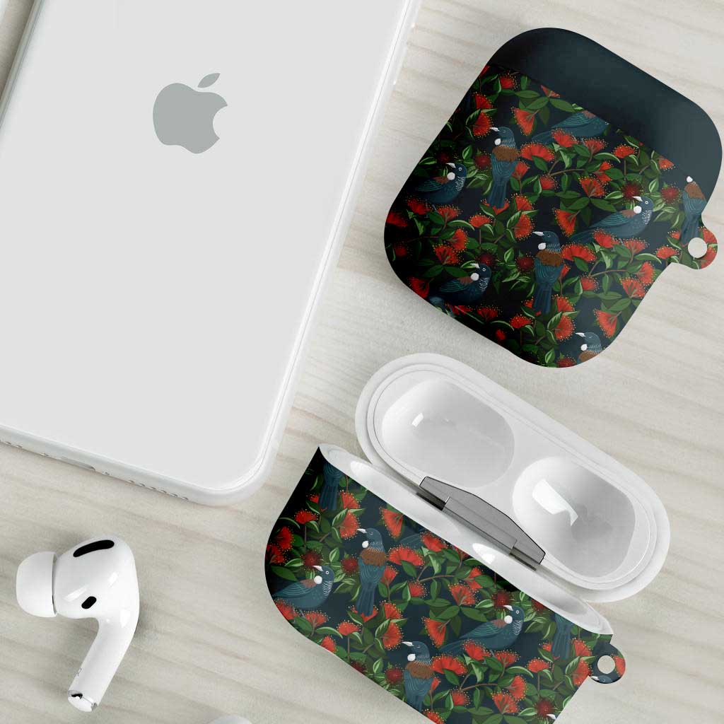New Zealand Christmas AirPods Case Romantic Tui Birds on Pohutukawa - Cobalt LT7 - Polynesian Pride