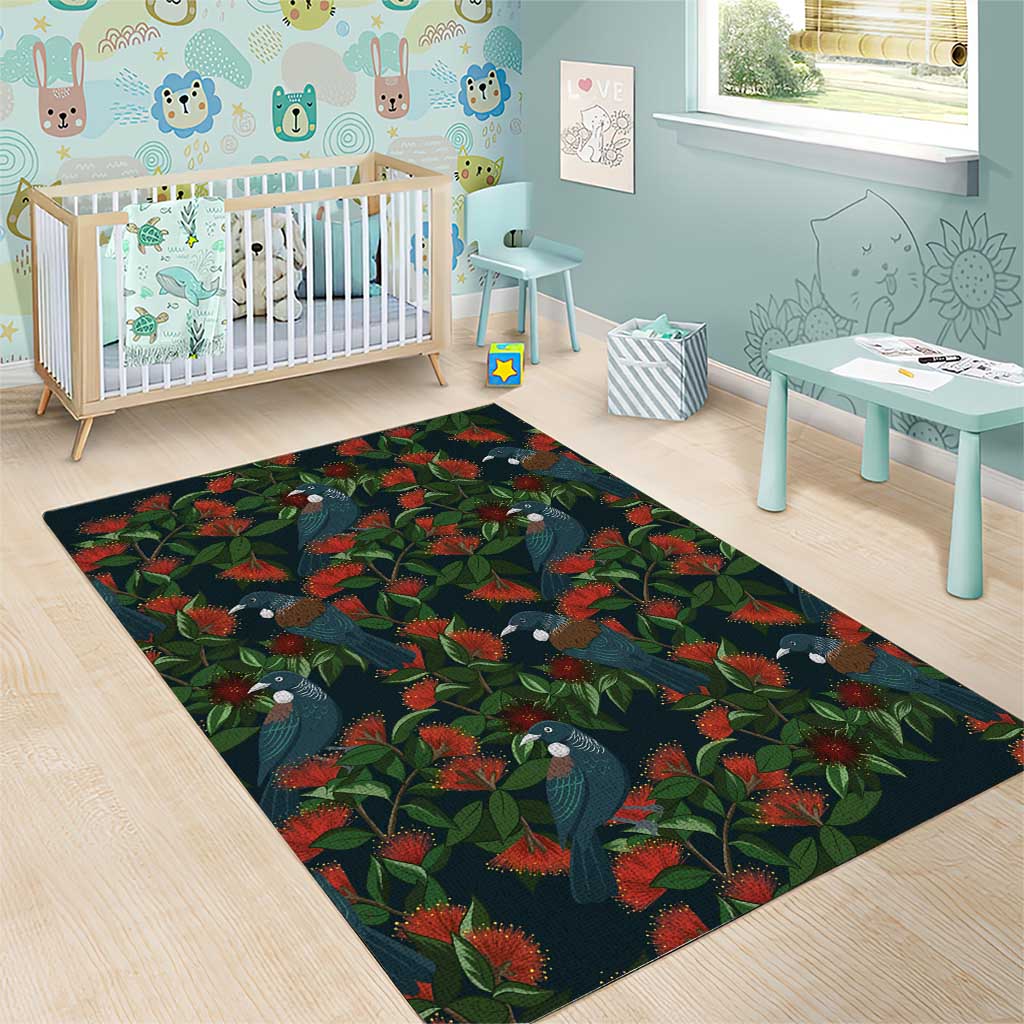 New Zealand Christmas Area Rug Romantic Tui Birds on Pohutukawa - Cobalt - Polynesian Pride