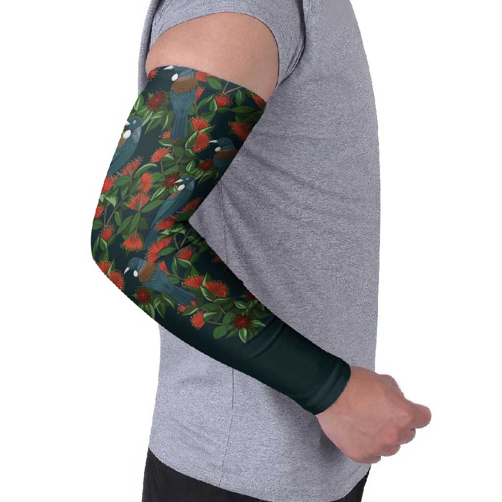 New Zealand Christmas Arm Sleeves Romantic Tui Birds on Pohutukawa - Cobalt LT7 - Polynesian Pride