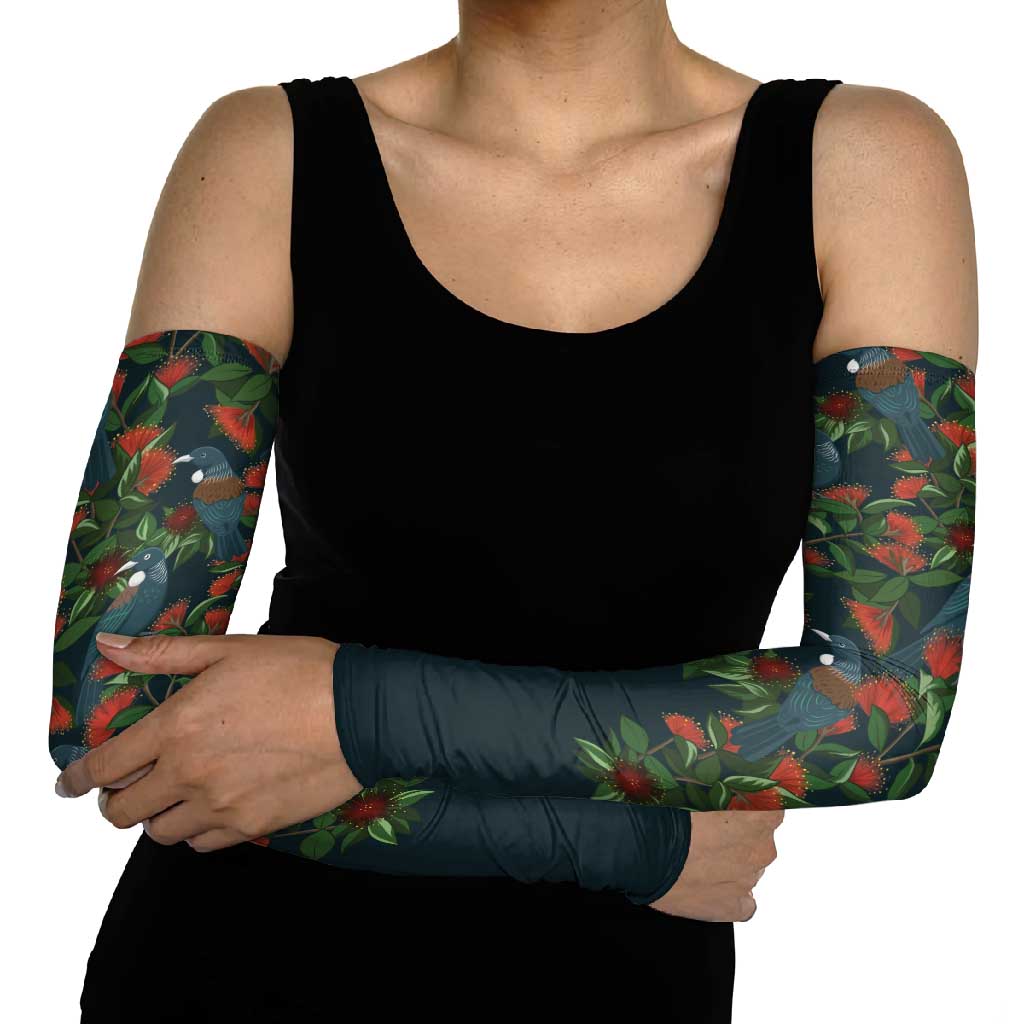 New Zealand Christmas Arm Sleeves Romantic Tui Birds on Pohutukawa - Cobalt LT7 - Polynesian Pride