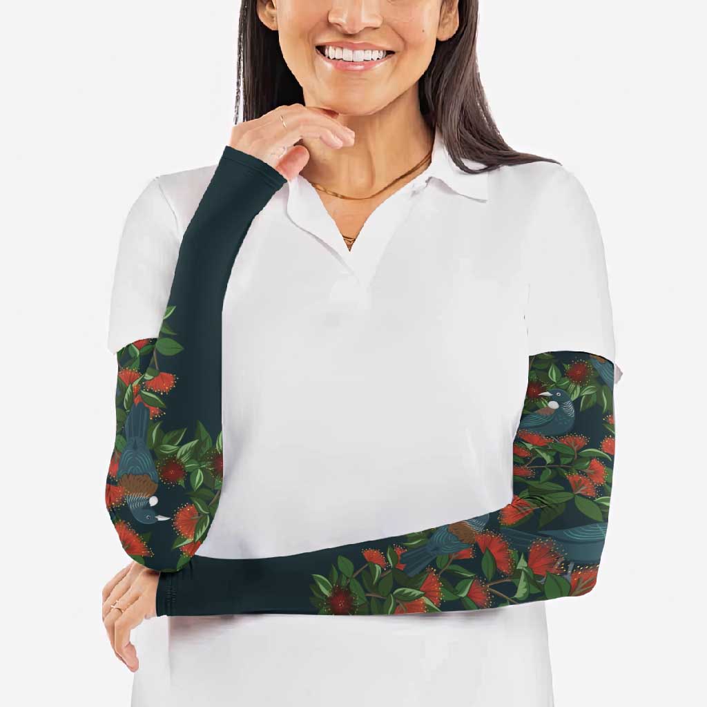 New Zealand Christmas Arm Sleeves Romantic Tui Birds on Pohutukawa - Cobalt LT7 - Polynesian Pride