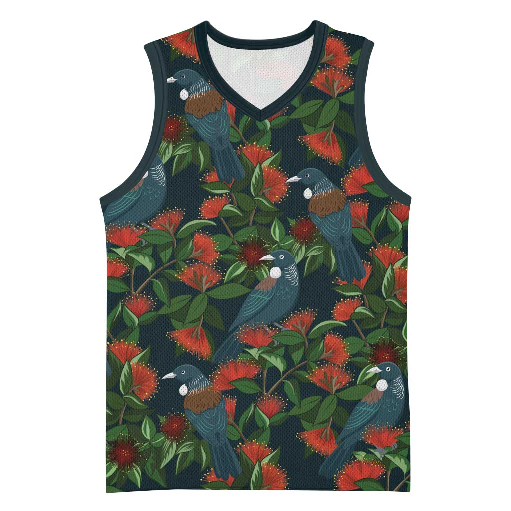 New Zealand Christmas Basketball Jersey Romantic Tui Birds on Pohutukawa - Cobalt LT7 Unisex Cobalt - Polynesian Pride
