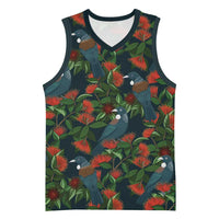 New Zealand Christmas Basketball Jersey Romantic Tui Birds on Pohutukawa - Cobalt LT7 Unisex Cobalt - Polynesian Pride