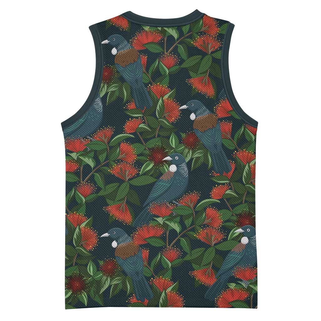 New Zealand Christmas Basketball Jersey Romantic Tui Birds on Pohutukawa - Cobalt LT7 - Polynesian Pride