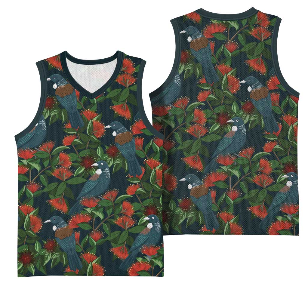 New Zealand Christmas Basketball Jersey Romantic Tui Birds on Pohutukawa - Cobalt LT7 - Polynesian Pride