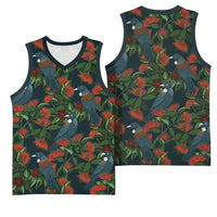 New Zealand Christmas Basketball Jersey Romantic Tui Birds on Pohutukawa - Cobalt LT7 - Polynesian Pride