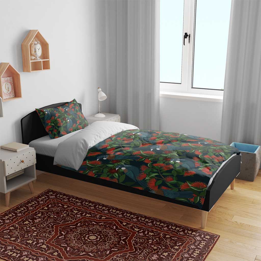 New Zealand Christmas Bedding Set Romantic Tui Birds on Pohutukawa - Cobalt - Polynesian Pride