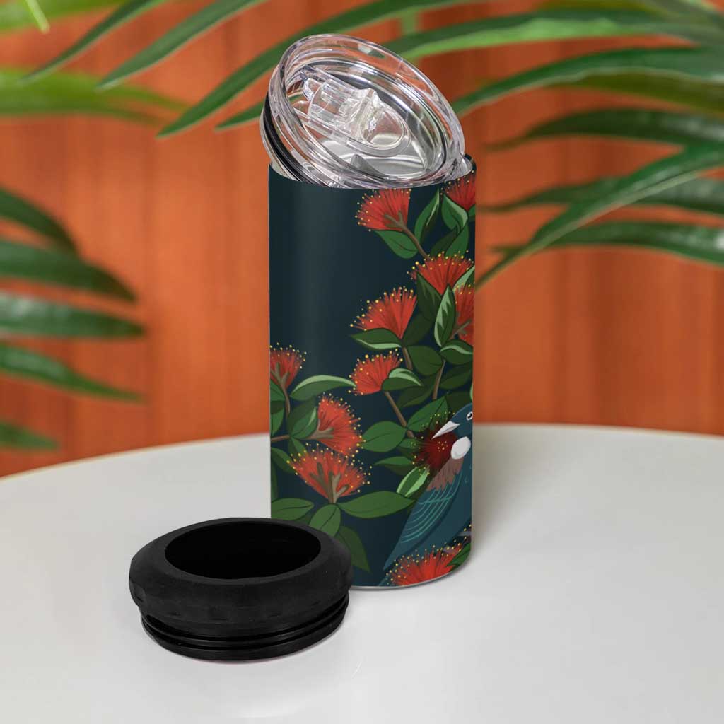 New Zealand Christmas 4 in 1 Can Cooler Tumbler Romantic Tui Birds on Pohutukawa - Cobalt LT7 - Polynesian Pride