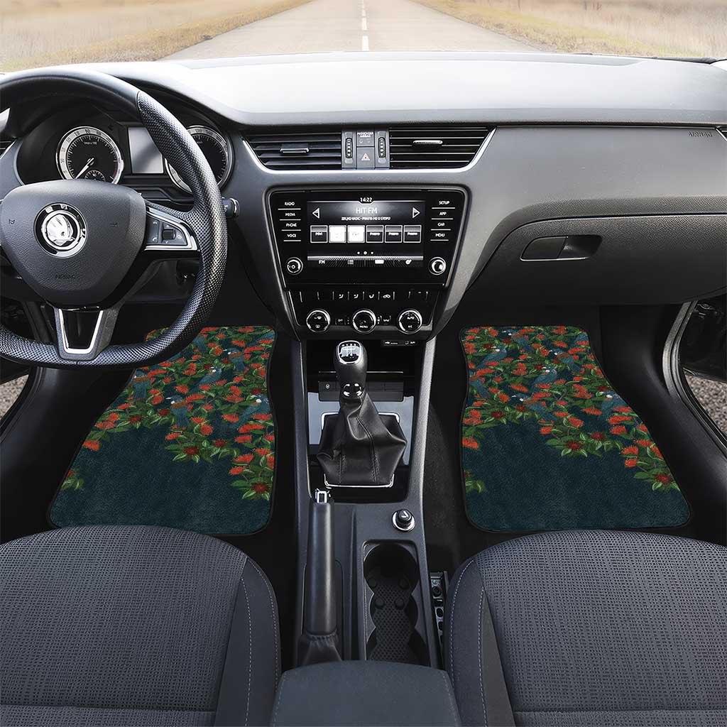 New Zealand Christmas Car Mats Romantic Tui Birds on Pohutukawa - Cobalt LT7 Set 2pcs - Front Cobalt - Polynesian Pride