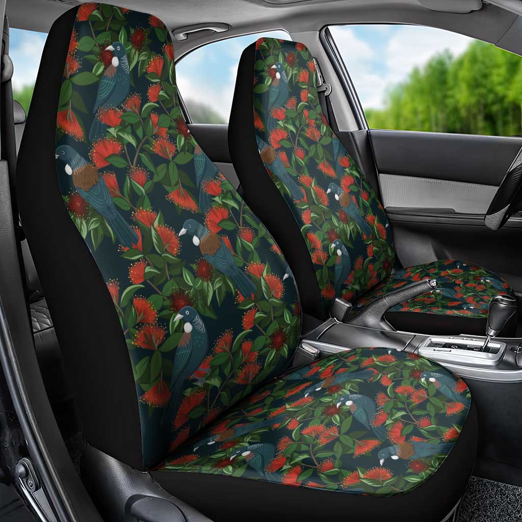 New Zealand Christmas Car Seat Cover Romantic Tui Birds on Pohutukawa - Cobalt LT7 - Polynesian Pride