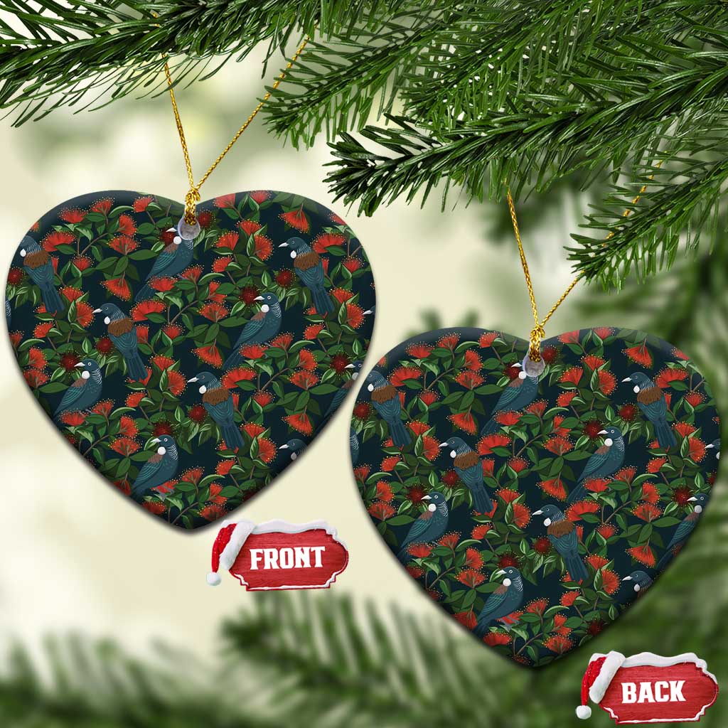 New Zealand Christmas Ceramic Ornament Romantic Tui Birds on Pohutukawa - Cobalt - Polynesian Pride