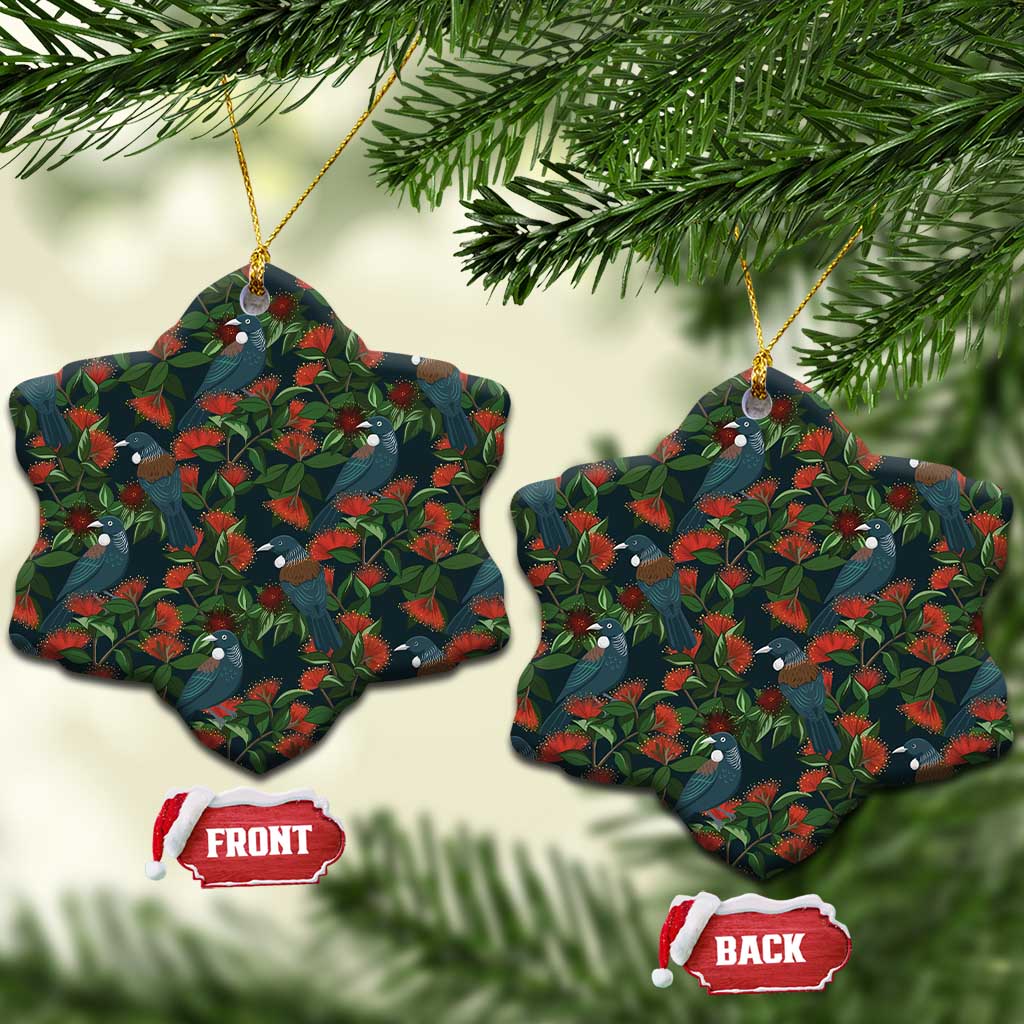 New Zealand Christmas Ceramic Ornament Romantic Tui Birds on Pohutukawa - Cobalt - Polynesian Pride