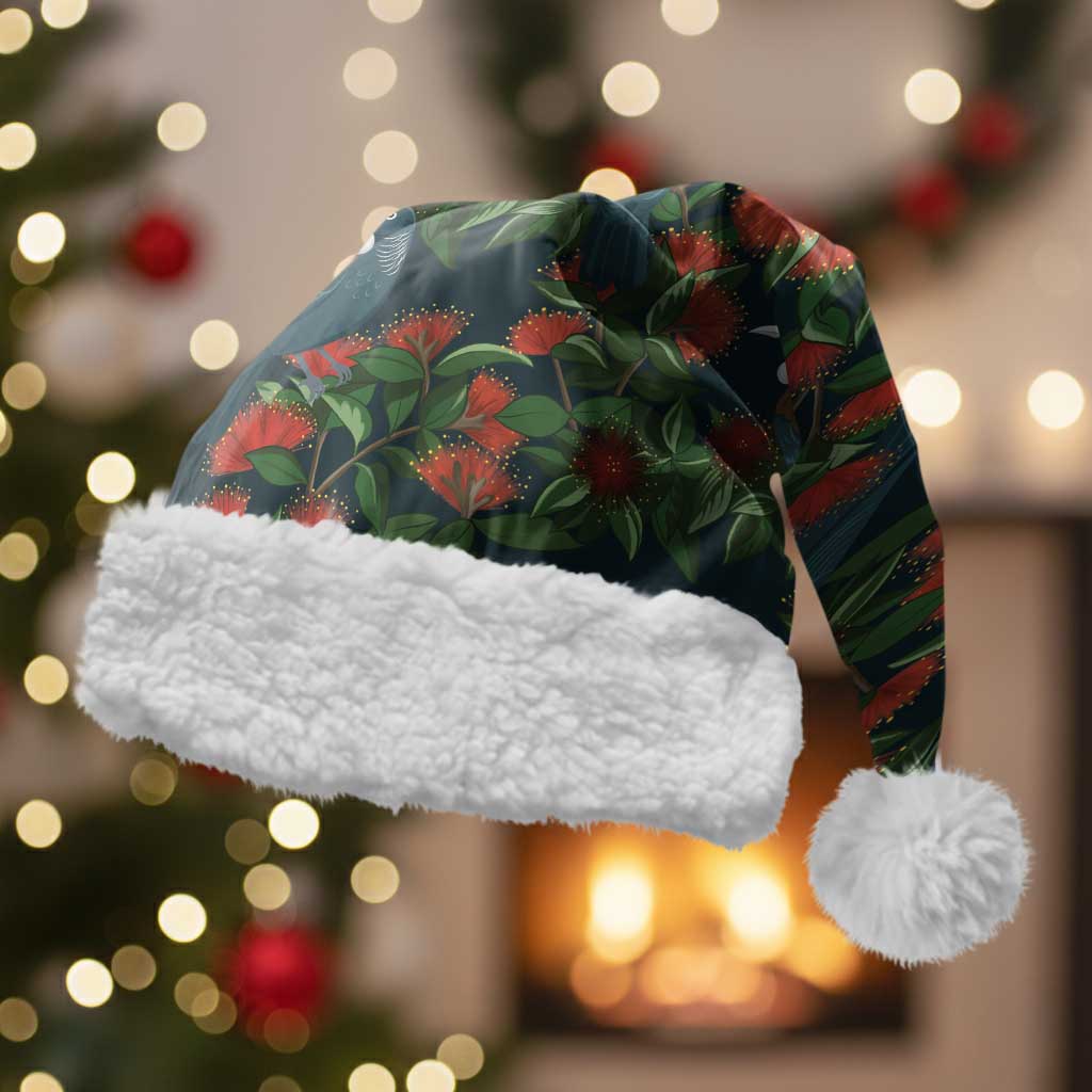 New Zealand Christmas Santa Hat Romantic Tui Birds on Pohutukawa - Cobalt - Polynesian Pride