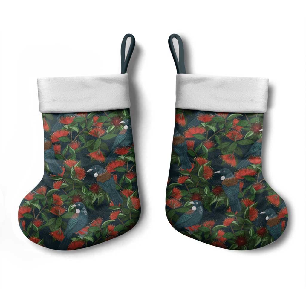 New Zealand Christmas Stocking Romantic Tui Birds on Pohutukawa - Cobalt - Polynesian Pride