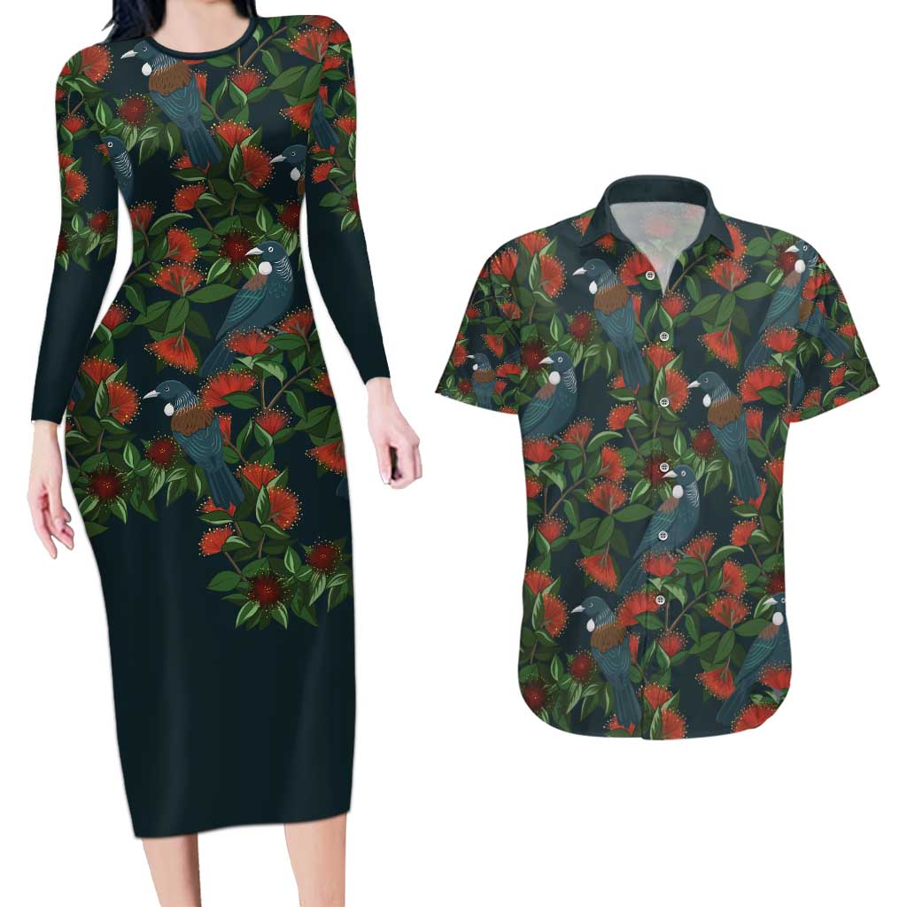 New Zealand Christmas Couples Matching Long Sleeve Bodycon Dress and Hawaiian Shirt Romantic Tui Birds on Pohutukawa - Cobalt LT7 Cobalt - Polynesian Pride