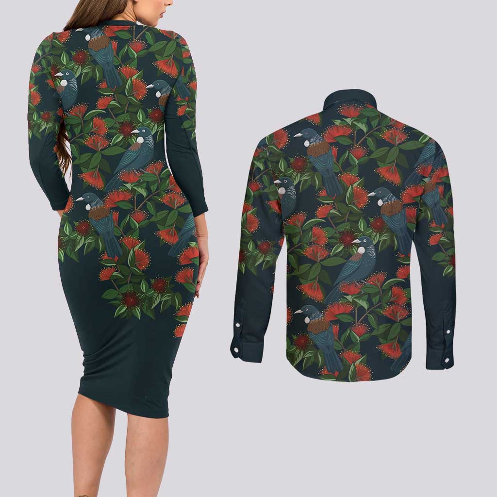 New Zealand Christmas Couples Matching Long Sleeve Bodycon Dress and Long Sleeve Button Shirt Romantic Tui Birds on Pohutukawa - Cobalt LT7 - Polynesian Pride
