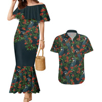 New Zealand Christmas Couples Matching Mermaid Dress and Hawaiian Shirt Romantic Tui Birds on Pohutukawa - Cobalt LT7 Cobalt - Polynesian Pride