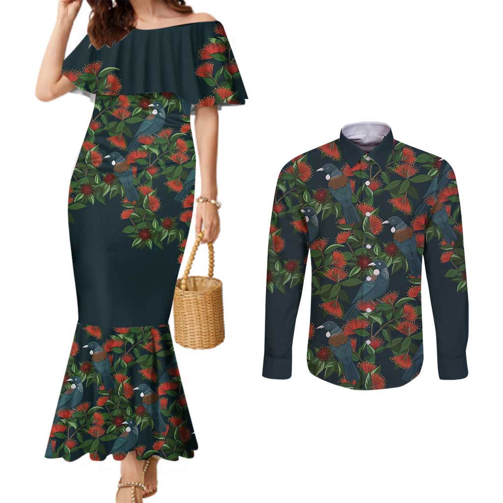 New Zealand Christmas Couples Matching Mermaid Dress and Long Sleeve Button Shirt Romantic Tui Birds on Pohutukawa - Cobalt - Polynesian Pride