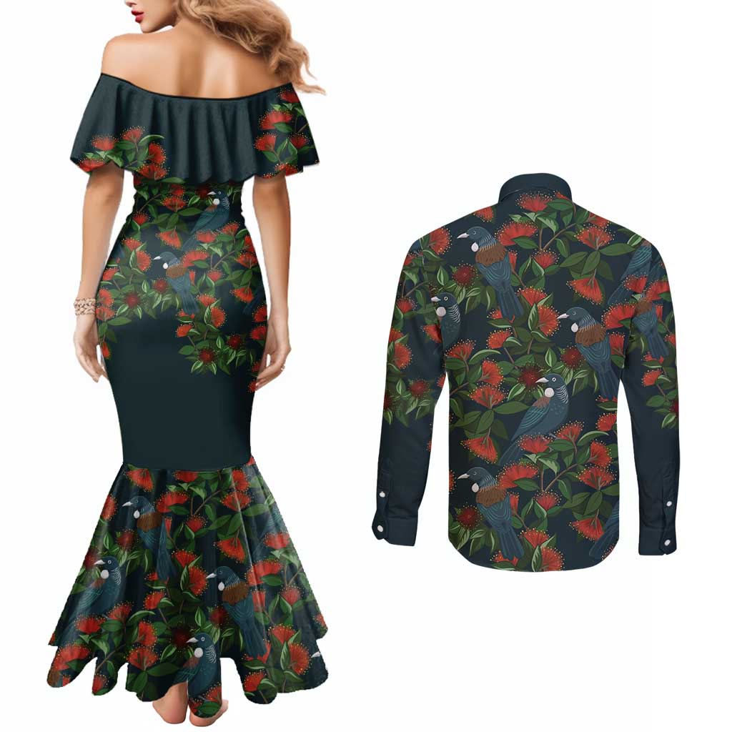 New Zealand Christmas Couples Matching Mermaid Dress and Long Sleeve Button Shirt Romantic Tui Birds on Pohutukawa - Cobalt LT7 - Polynesian Pride
