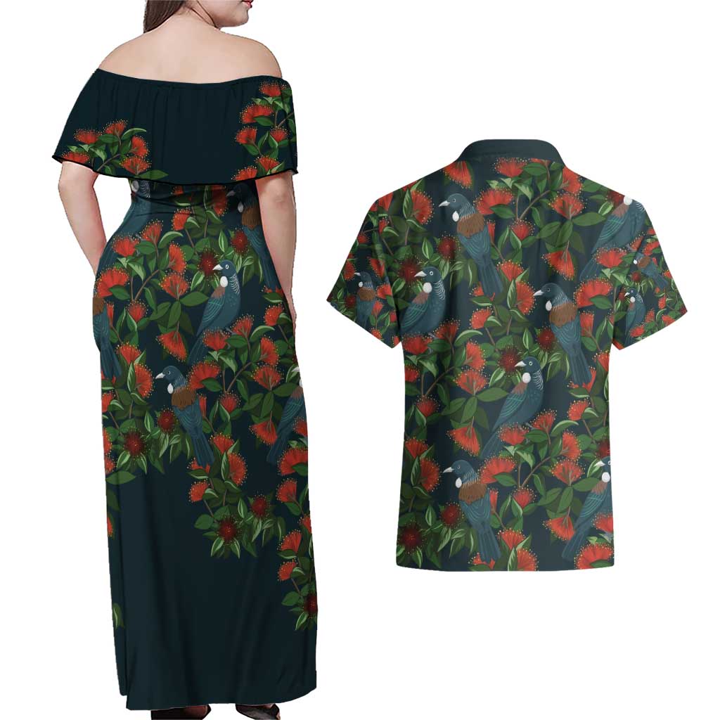 New Zealand Christmas Couples Matching Off Shoulder Maxi Dress and Hawaiian Shirt Romantic Tui Birds on Pohutukawa - Cobalt LT7 - Polynesian Pride