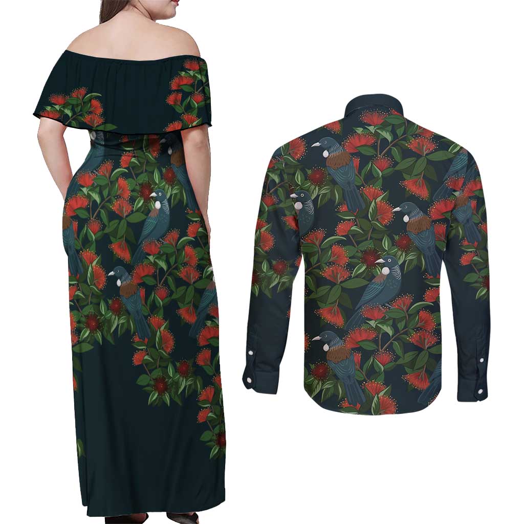 New Zealand Christmas Couples Matching Off Shoulder Maxi Dress and Long Sleeve Button Shirt Romantic Tui Birds on Pohutukawa - Cobalt LT7 - Polynesian Pride