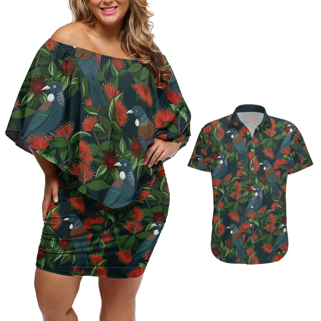 New Zealand Christmas Couples Matching Off Shoulder Short Dress and Hawaiian Shirt Romantic Tui Birds on Pohutukawa - Cobalt LT7 Cobalt - Polynesian Pride