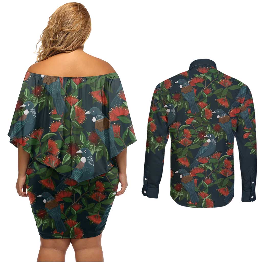 New Zealand Christmas Couples Matching Off Shoulder Short Dress and Long Sleeve Button Shirt Romantic Tui Birds on Pohutukawa - Cobalt LT7 - Polynesian Pride
