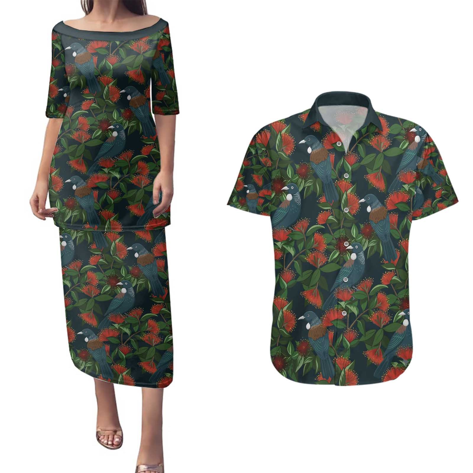 New Zealand Christmas Couples Matching Puletasi and Hawaiian Shirt Romantic Tui Birds on Pohutukawa - Cobalt - Polynesian Pride