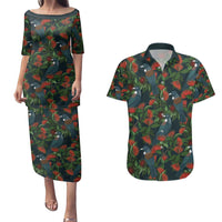 New Zealand Christmas Couples Matching Puletasi and Hawaiian Shirt Romantic Tui Birds on Pohutukawa - Cobalt LT7 Cobalt - Polynesian Pride