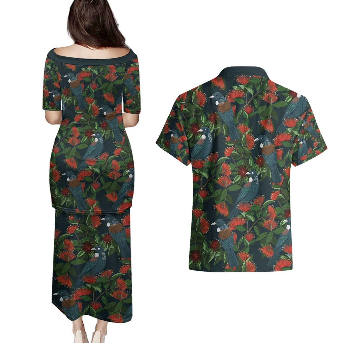 New Zealand Christmas Couples Matching Puletasi and Hawaiian Shirt Romantic Tui Birds on Pohutukawa - Cobalt LT7 - Polynesian Pride