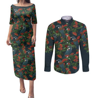 New Zealand Christmas Couples Matching Puletasi and Long Sleeve Button Shirt Romantic Tui Birds on Pohutukawa - Cobalt LT7 Cobalt - Polynesian Pride