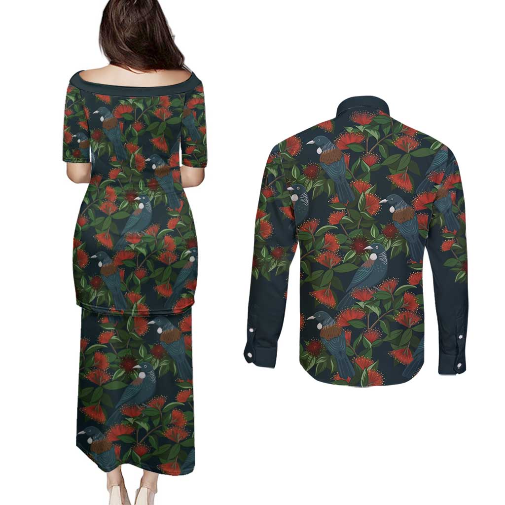 New Zealand Christmas Couples Matching Puletasi and Long Sleeve Button Shirt Romantic Tui Birds on Pohutukawa - Cobalt LT7 - Polynesian Pride
