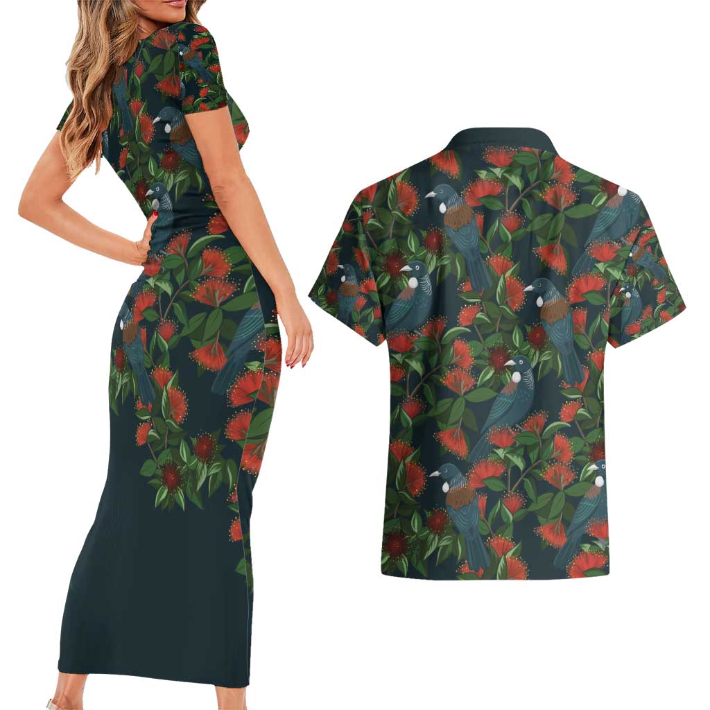 New Zealand Christmas Couples Matching Short Sleeve Bodycon Dress and Hawaiian Shirt Romantic Tui Birds on Pohutukawa - Cobalt LT7 - Polynesian Pride