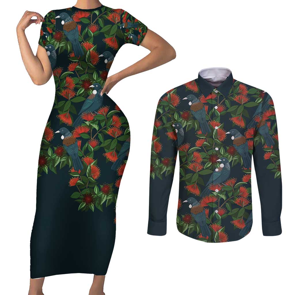 New Zealand Christmas Couples Matching Short Sleeve Bodycon Dress and Long Sleeve Button Shirt Romantic Tui Birds on Pohutukawa - Cobalt LT7 Cobalt - Polynesian Pride