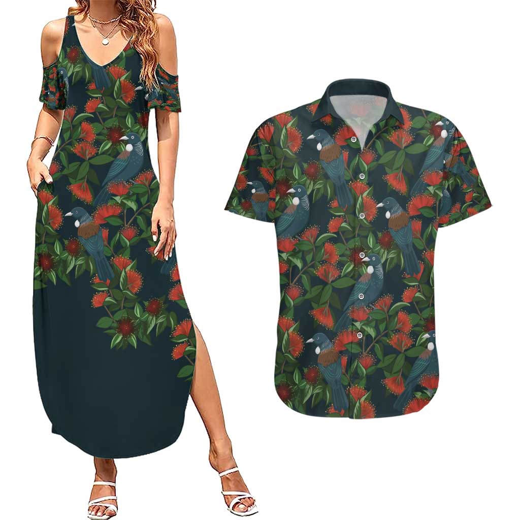 New Zealand Christmas Couples Matching Summer Maxi Dress and Hawaiian Shirt Romantic Tui Birds on Pohutukawa - Cobalt LT7 Cobalt - Polynesian Pride