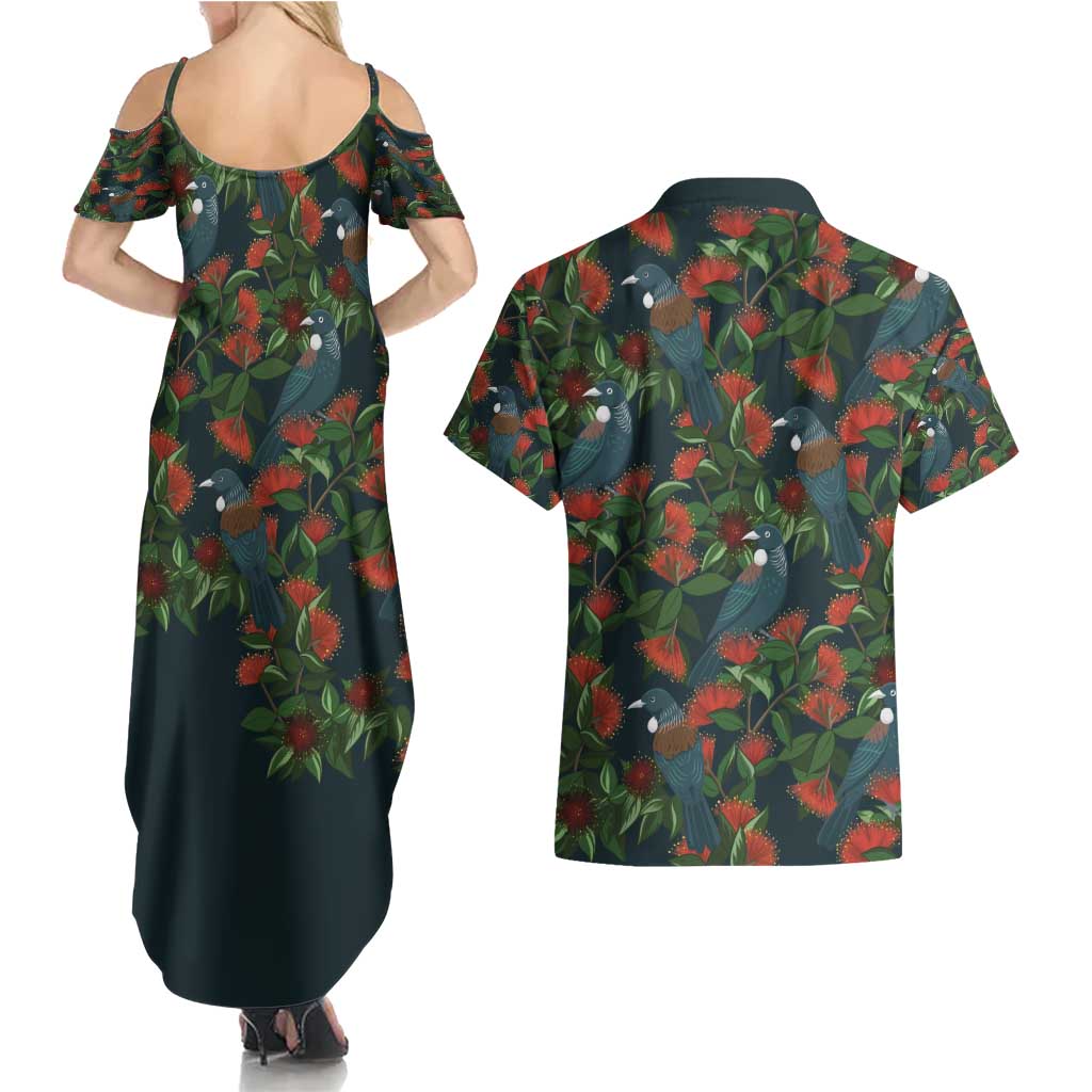 New Zealand Christmas Couples Matching Summer Maxi Dress and Hawaiian Shirt Romantic Tui Birds on Pohutukawa - Cobalt LT7 - Polynesian Pride