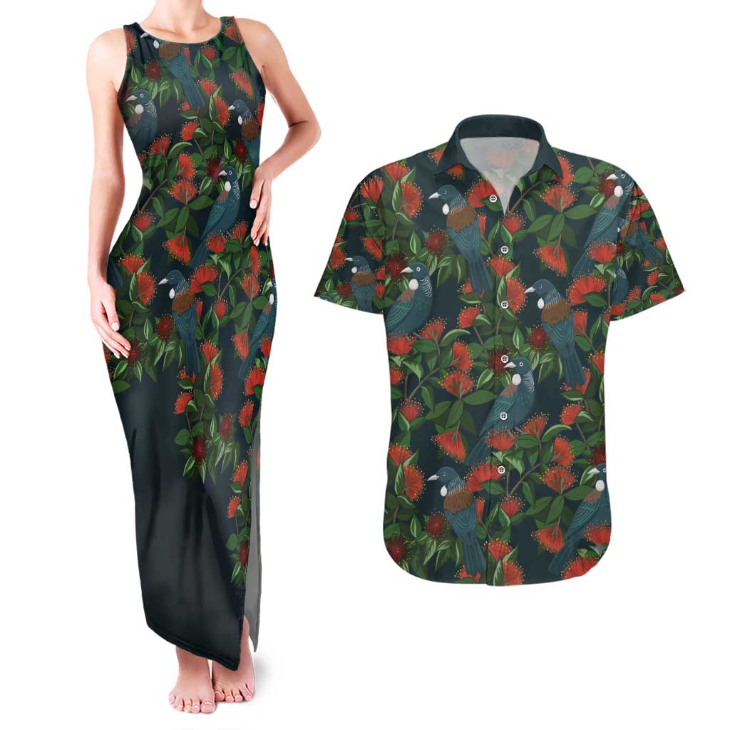 New Zealand Christmas Couples Matching Tank Maxi Dress and Hawaiian Shirt Romantic Tui Birds on Pohutukawa - Cobalt LT7 Cobalt - Polynesian Pride