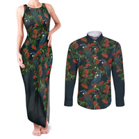 New Zealand Christmas Couples Matching Tank Maxi Dress and Long Sleeve Button Shirt Romantic Tui Birds on Pohutukawa - Cobalt LT7 Cobalt - Polynesian Pride